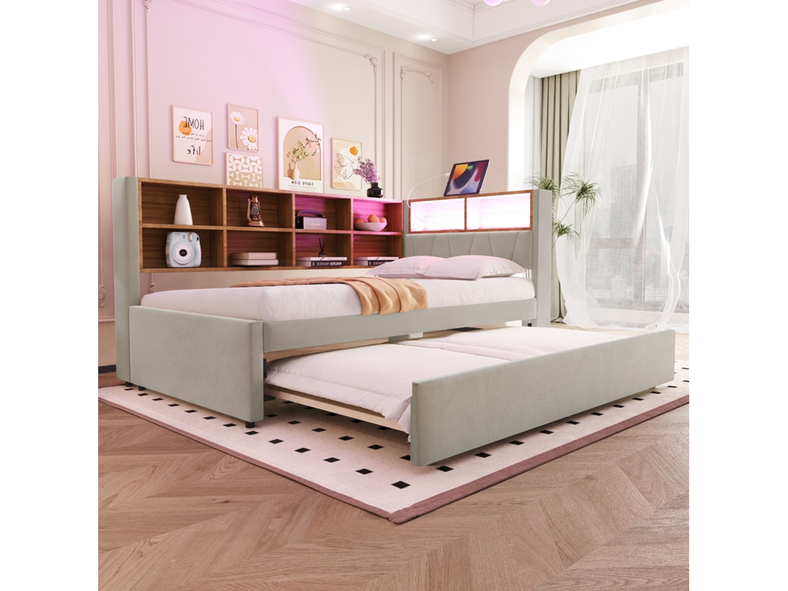 Sofá Cama 90x200, Cama Extraíble 90x190, Equipada Con Luces Led, Cama Tapizada, Cama Individual, Gris Claro.