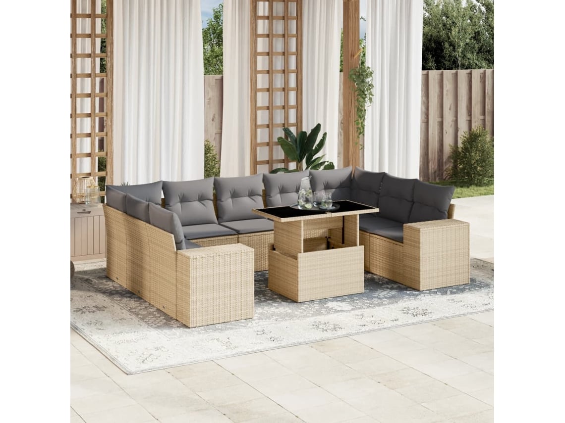 Conjunto de sofá de jardín de 10 piezas con cojines, mimbre sintético beige, Dkd Home Decor