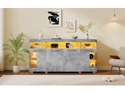 Aparador moderno con LED, 4 puertas y 9 compartimentos, MDF, cristal templado transparente, gris Mobrio