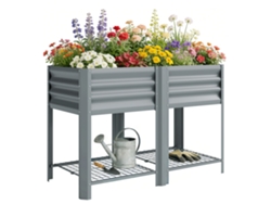 Macetero elevado con estante de almacenamiento, 150 L, acero galvanizado, 80 cm de alto, para jardín o patio exterior.