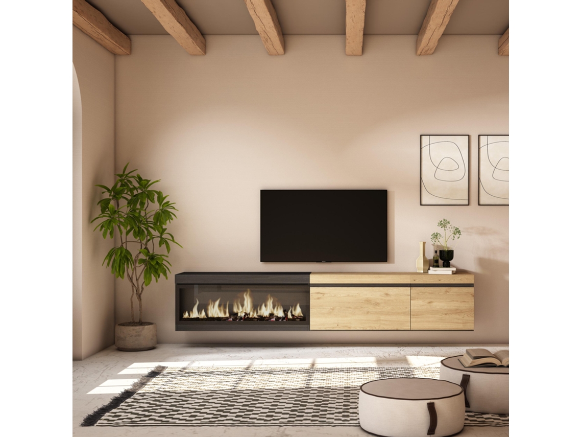 Mueble TV, Televisión, 237x45x35 cm, Para TV gran formato, Chimenea eléctrica XXL, Colgado, Suspendido, Roble y negro SKRAUT HOME
