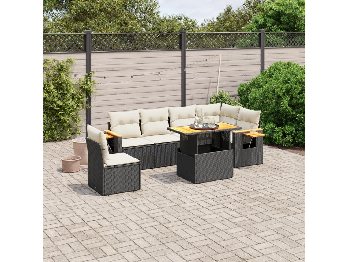 Conjunto de sofá de jardín de 7 piezas con cojines de mimbre negro de DKD Home Decor