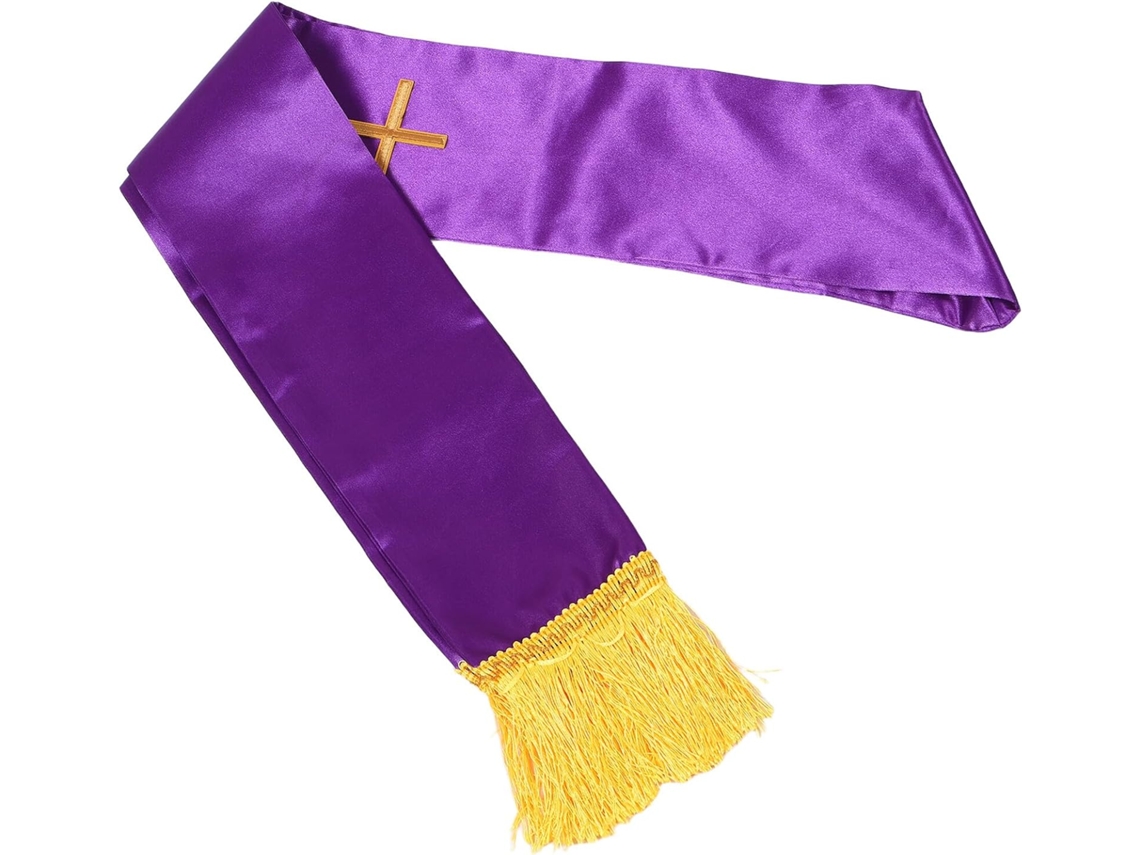 Estola Clerical Reversível De 190 Cm Com Cruz Bordada Em Roxo E Borlas Para Cerimônias.