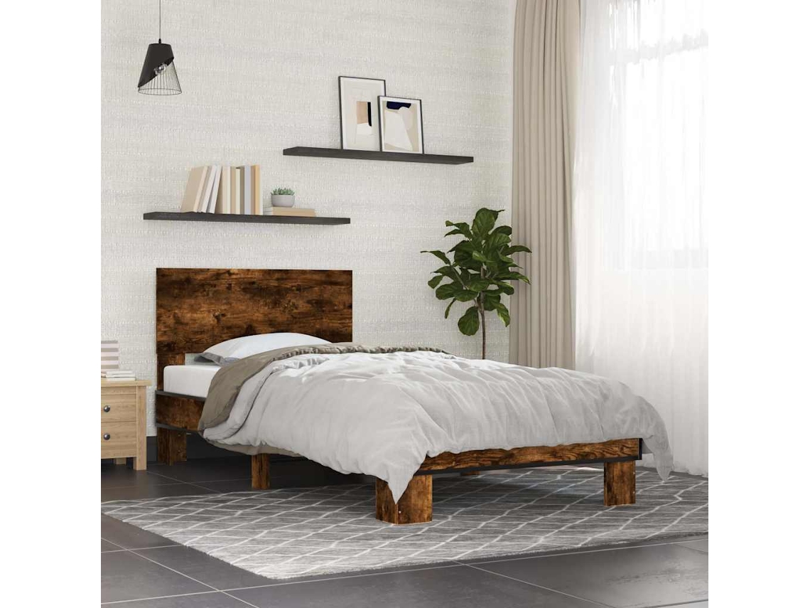 Estructura Cama Madera Ingeniería Metal Roble Humo 75x190 Cm