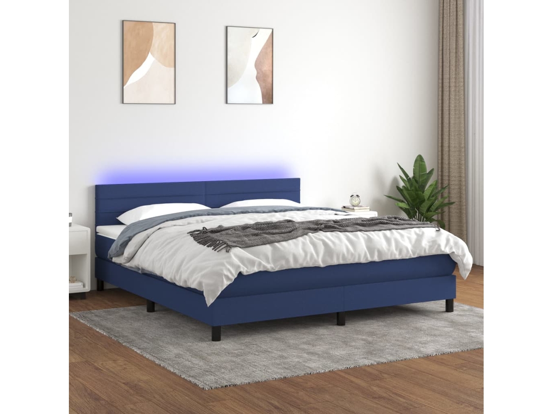 Cama Box Spring Colchón Y Luces Led Tela Azul 160x200 Cm