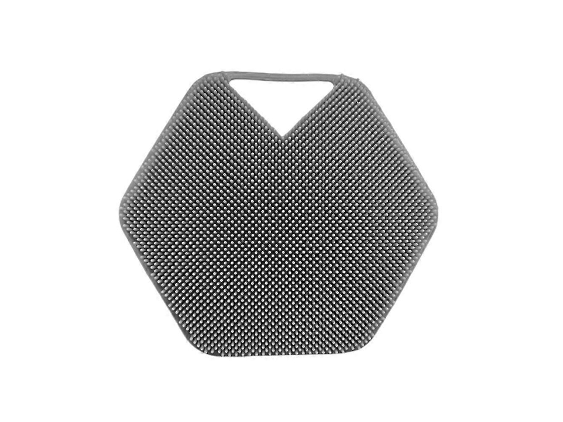 Escova de banho de silicone para pendurar, ideal para limpeza e massagem corporal, com cabo ergonômico e cerdas profundas, cor cinza.