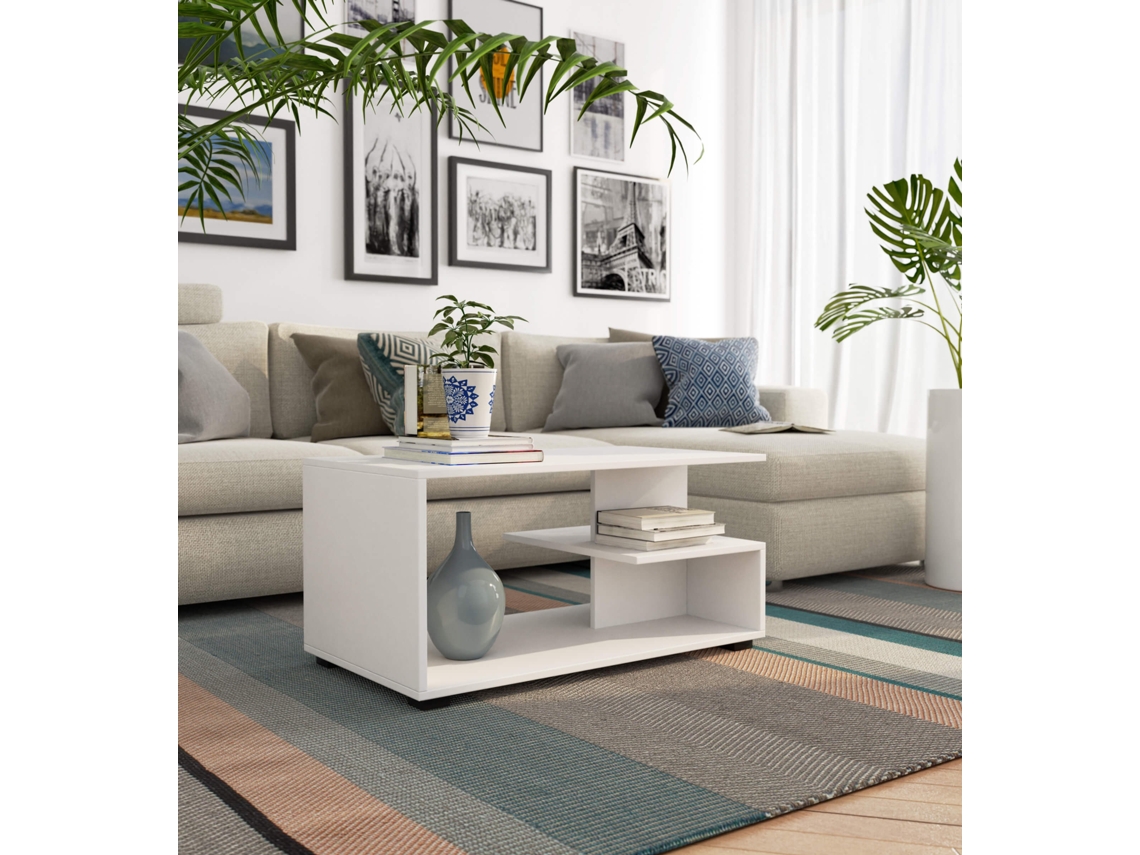 Mesa De Centro Akord Pin Blanco 90 Cm Frente En Color Blanco 90x51x45 Cm