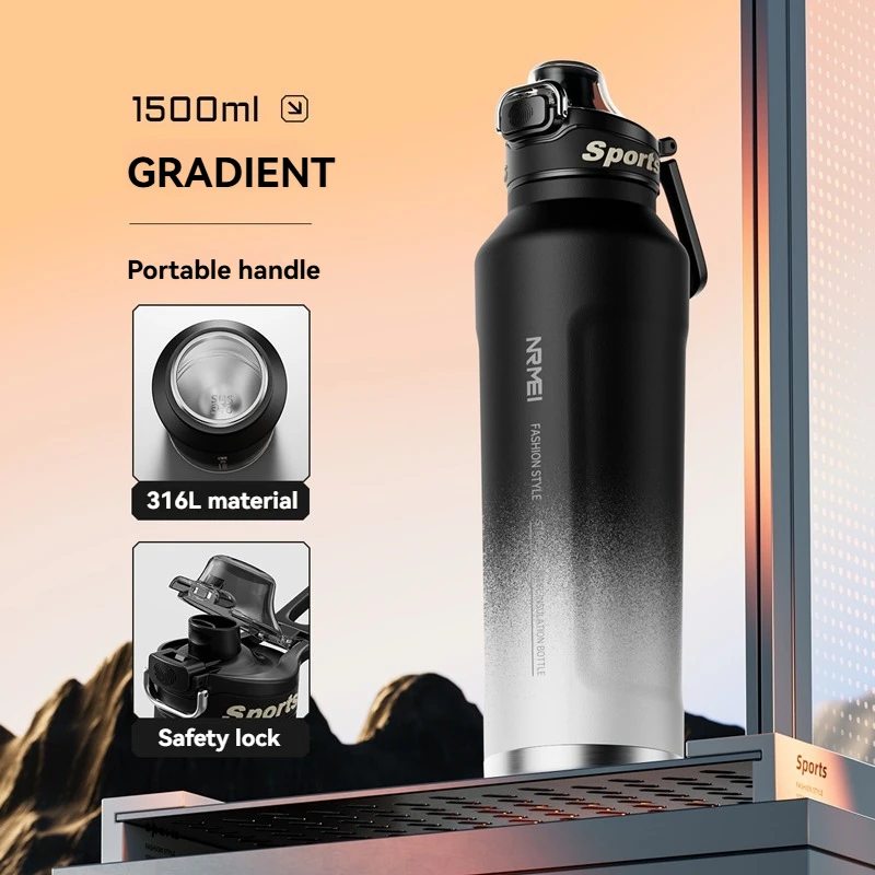 (negro Degradado, 1500 Ml) Botella De Agua Isotérmica De Acero Inoxidable Con Aislamiento Al Vacío De Doble Pared.