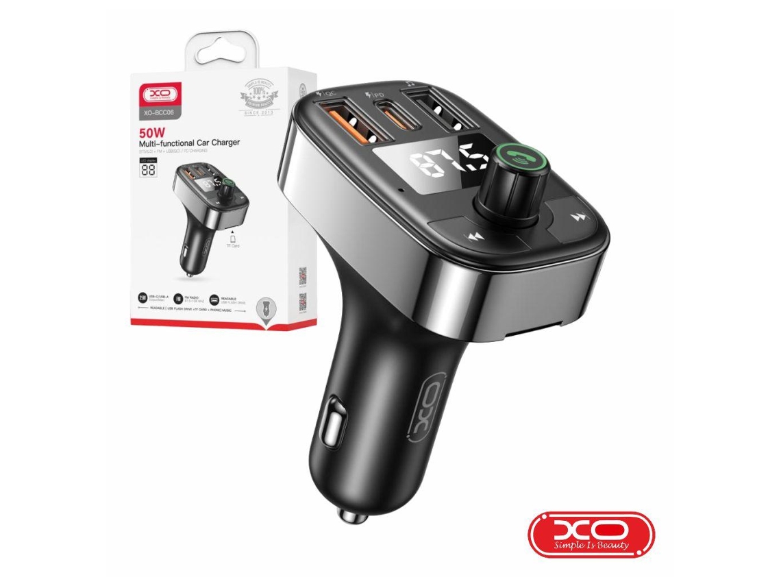 Transmisor FM Bluetooth 50 W, 2 puertos USB A/MicroSD/USB C. Encendedor Xo