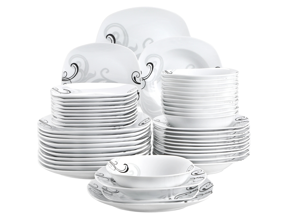 Juego de vajilla de porcelana, diseño floral, forma cuadrada, 48 piezas