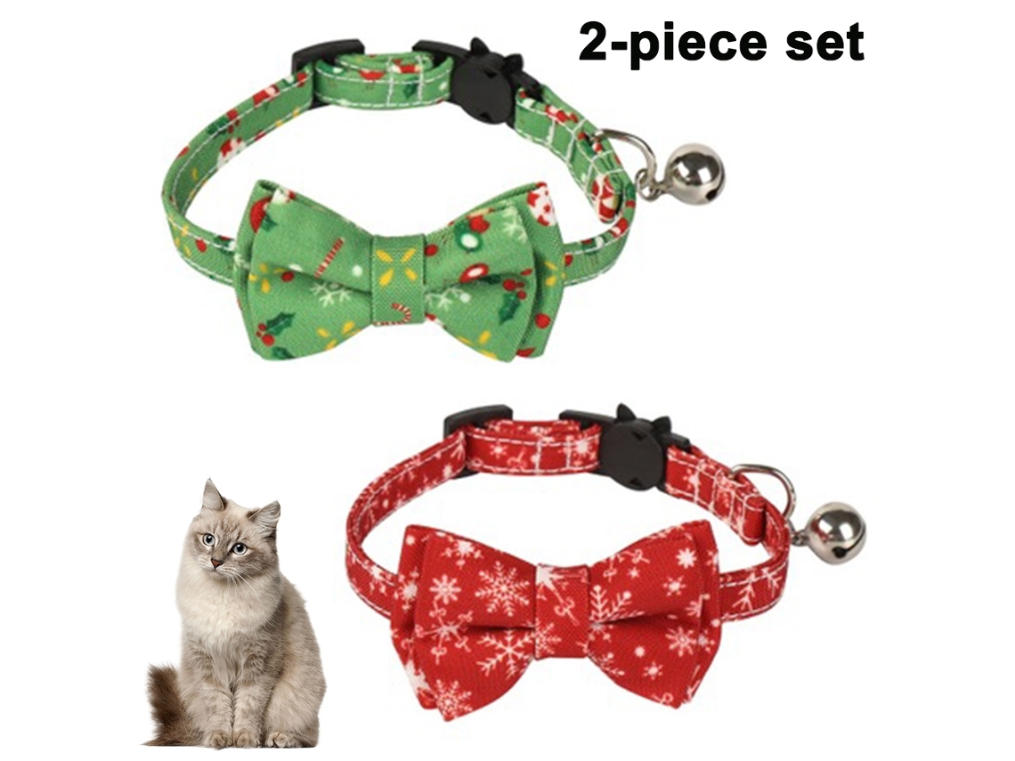Es Un Conjunto De Dos Collares De Gato Con Diseño Navideño. Tienen Bonitos Lazos Y Cascabeles, Y Su Diseño Ergonómico Los Hace Ideales Para