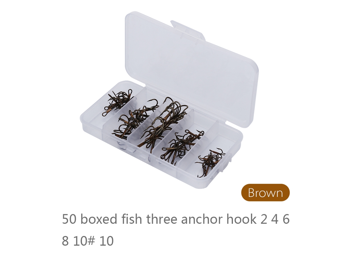 50pcs Anzuelos De Pesca Triple Afilados 5 Tamaños 2/4/6/8/10 Tackle Marrón