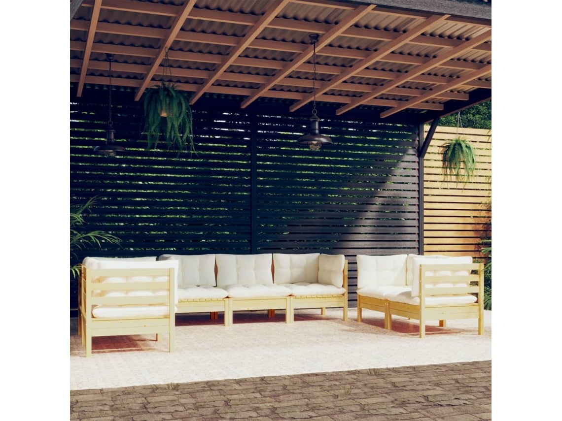 Conjunto 7 Peças Lounge Jardim C/ Almofadões Creme Pinho Maciço Dkd Home Decor