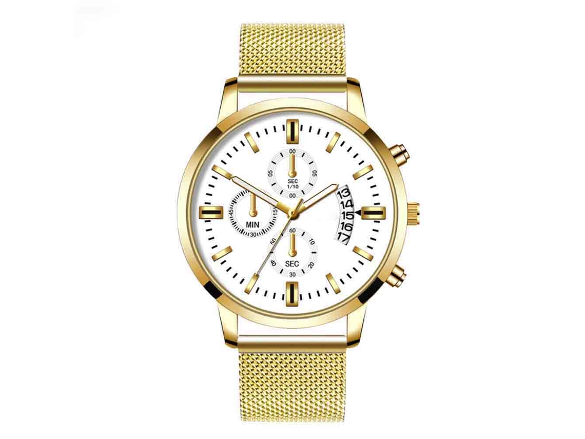 Reloj De Pulsera De Cuarzo Para Hombre Con Calendario, Esfera Redonda, Oro Y Acero Blanco.