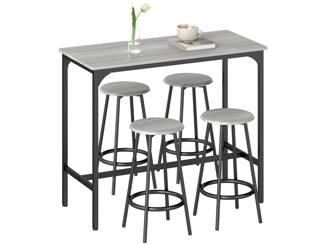 Mesa alta y 4 taburetes con reposapiés, de metal negro con acabado de madera, para cocina/comedor.