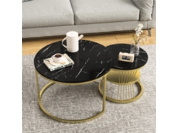 Juego De Dos Mesas De Centro Apilables, Efecto Mármol Negro Con Patas Doradas, Diseño Moderno Y Elegante.
