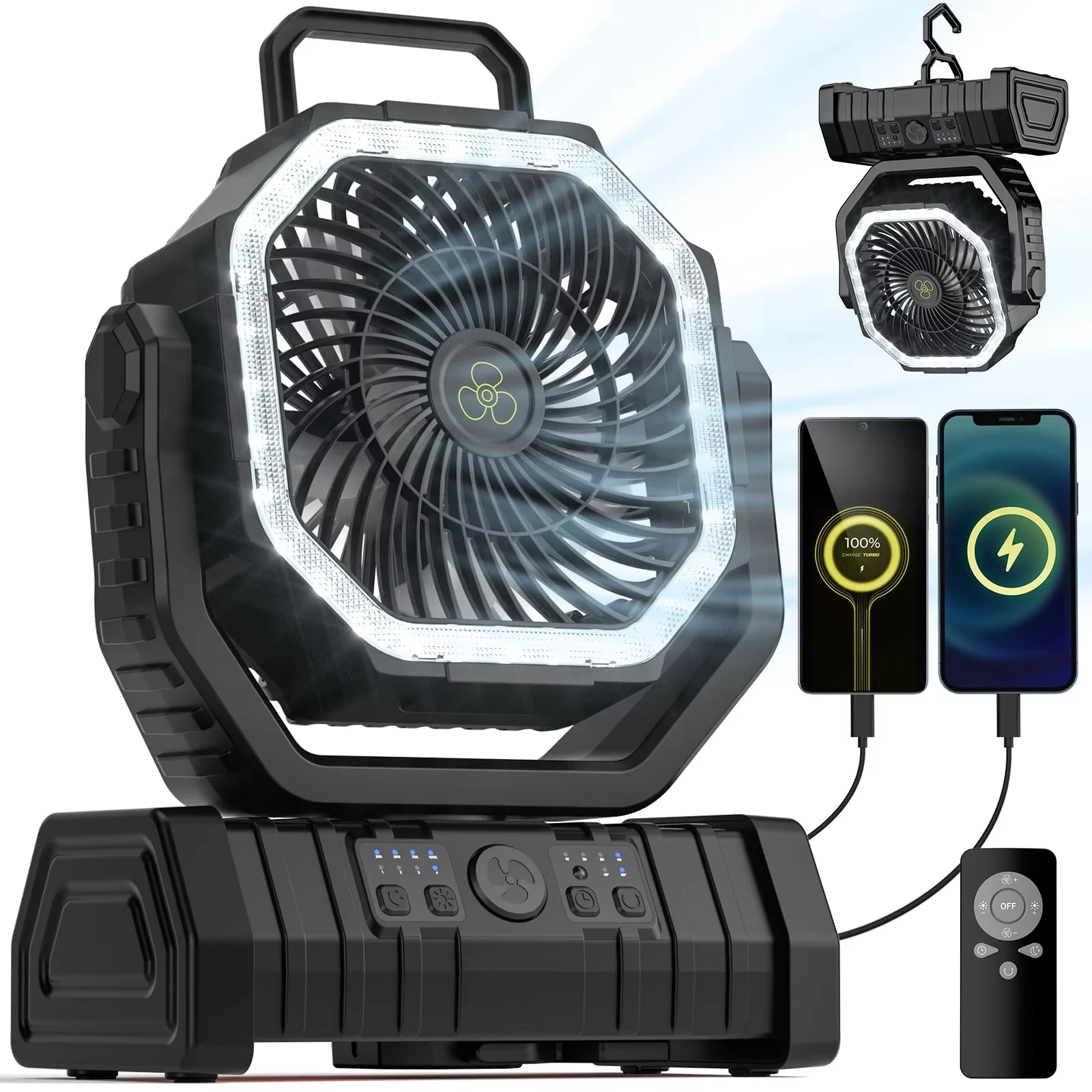 Ventilador De Camping (negro) Con Batería Recargable De 20000 Mah Y Gancho Para Tira De Luz Led.