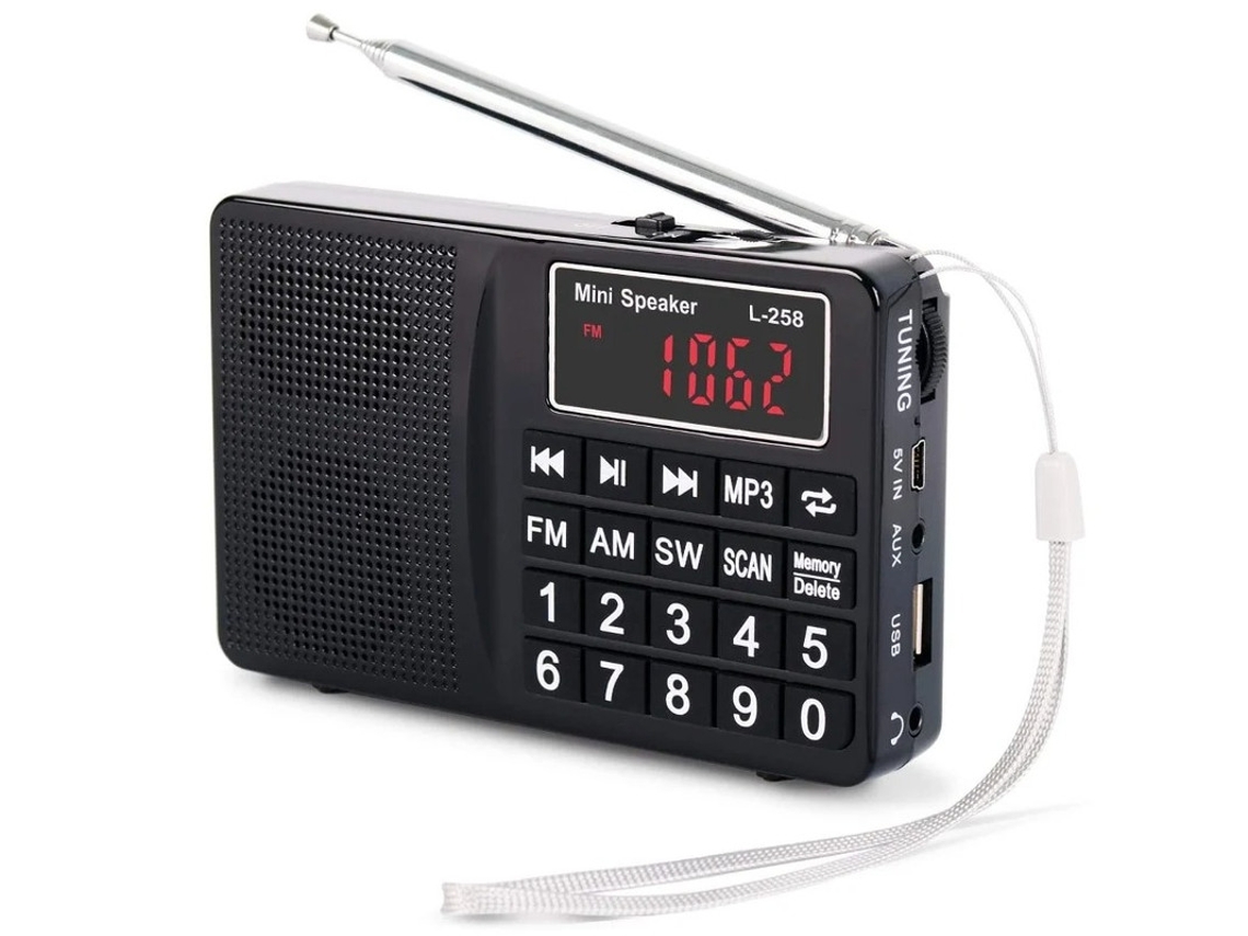 Radio portátil pequeña, recargable por la red eléctrica, AM, OM/SO/FM, con altavoz de graves potentes, botones y pantalla grandes. Almacena emisoras Yizhood.