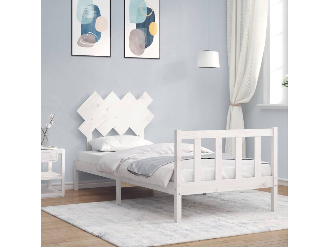 Cama Individual | Estructura De Cama Con Cabecero Madera Maciza Blanco