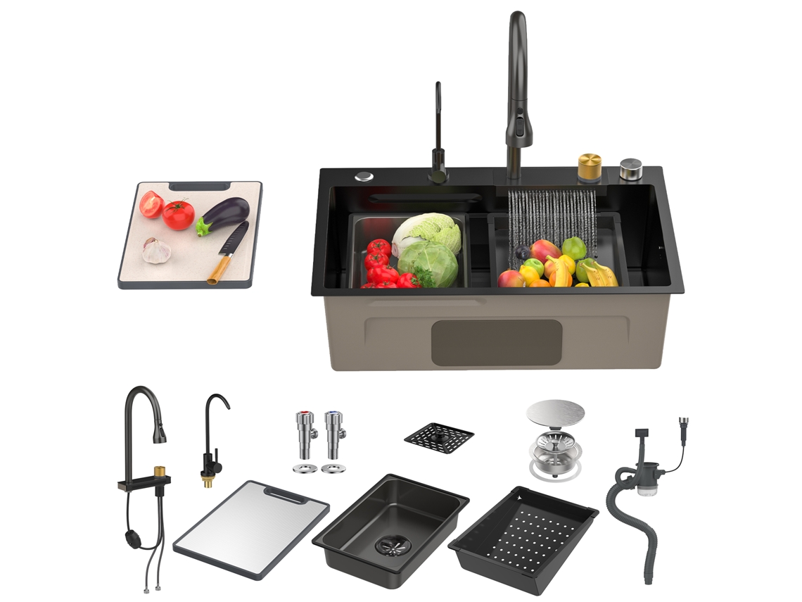 Fregadero De Cocina De Acero Inoxidable Negro Con Grifo Extraíble, Bandeja Y Cesta Para Cocina Moderna, Acero Inoxidable, Superficie Con Nanotecnologí