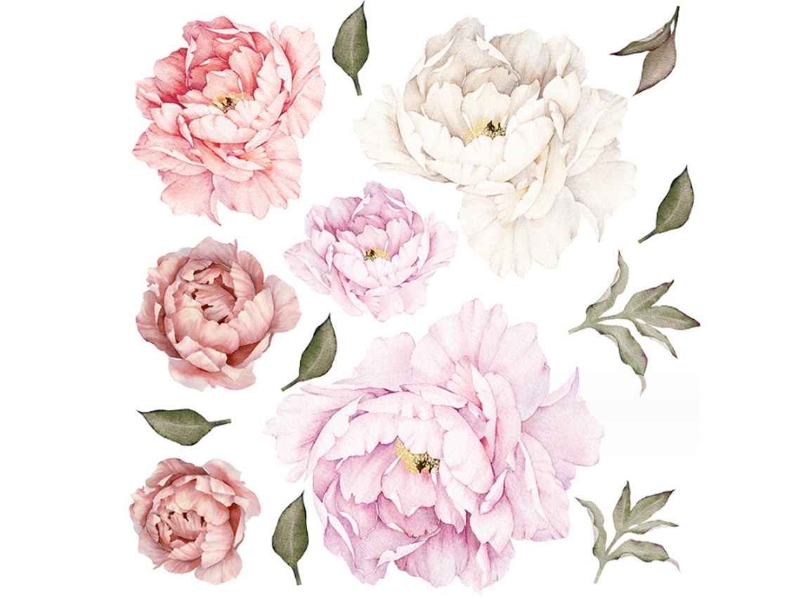 Pegatinas de flores de peonía de acuarela, blanco y rosa, decoración de pared RNEMITERY