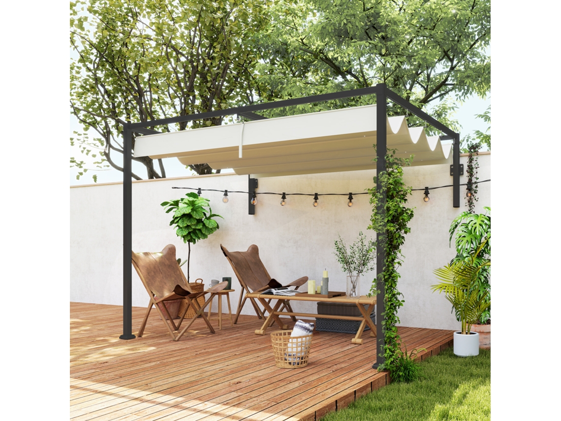 Pérgola De Parede 3x2m Com Teto Retrátil, Tecido De Poliéster Impermeável Para Jardim E Pátio, Cor Creme.