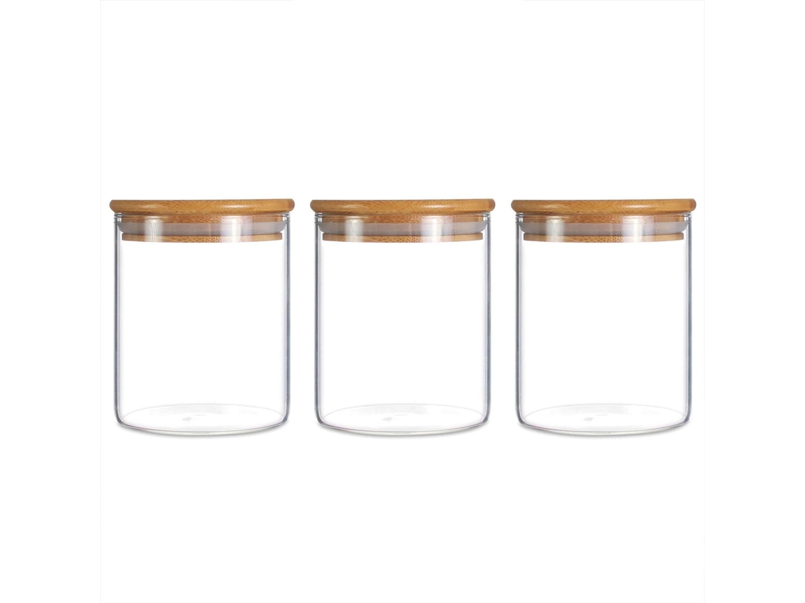 Frasco de Armazenamento Vidro 450 Ml com 3 Embalagens Tampa Bambu para Hermético 
