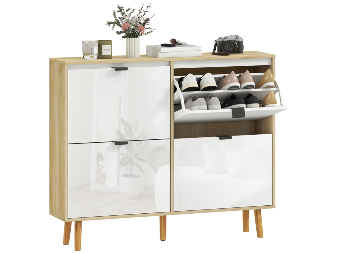Zapatero De Alto Brillo Con 4 Puertas, Capacidad Para 20 Pares De Zapatos, Patas De Madera.