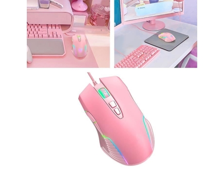 HURRISE Ratón De Computadora Ratón De Juegos con Cable USB Ratón Óptico Ajustable Retroiluminado Rgb Teclado De Computadora Rosa
