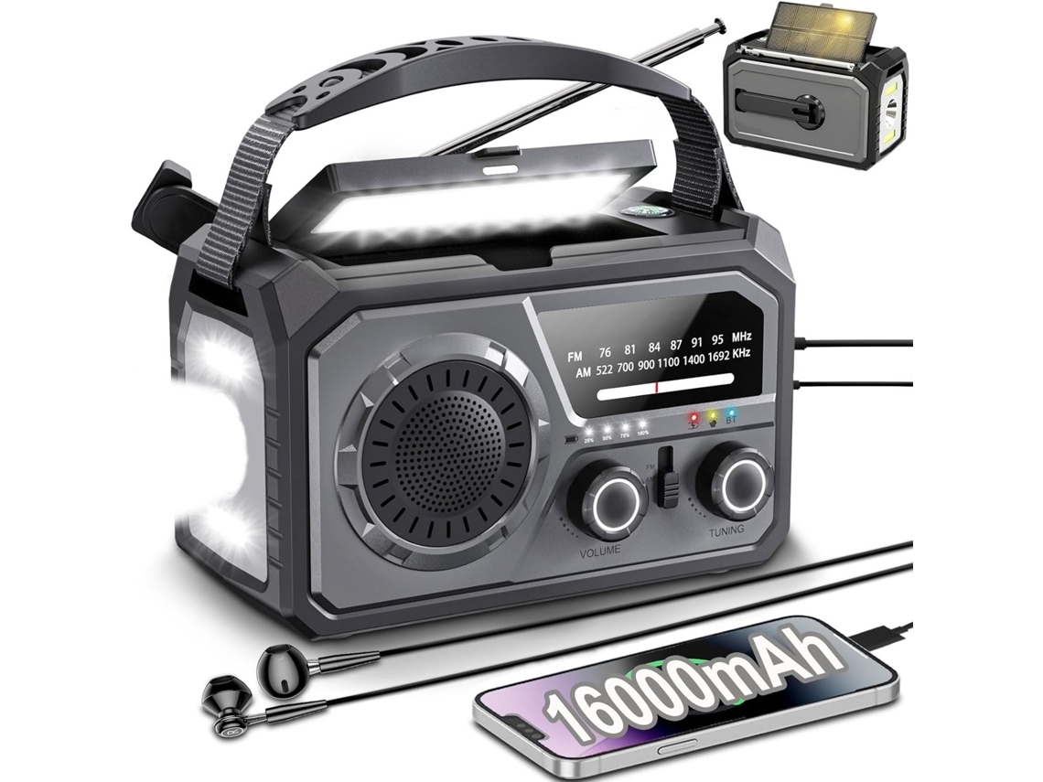 Radio meteorológica solar de emergencia con manivela AM/FM/WB de 16000 mAh, linterna LED Chrui (gris)