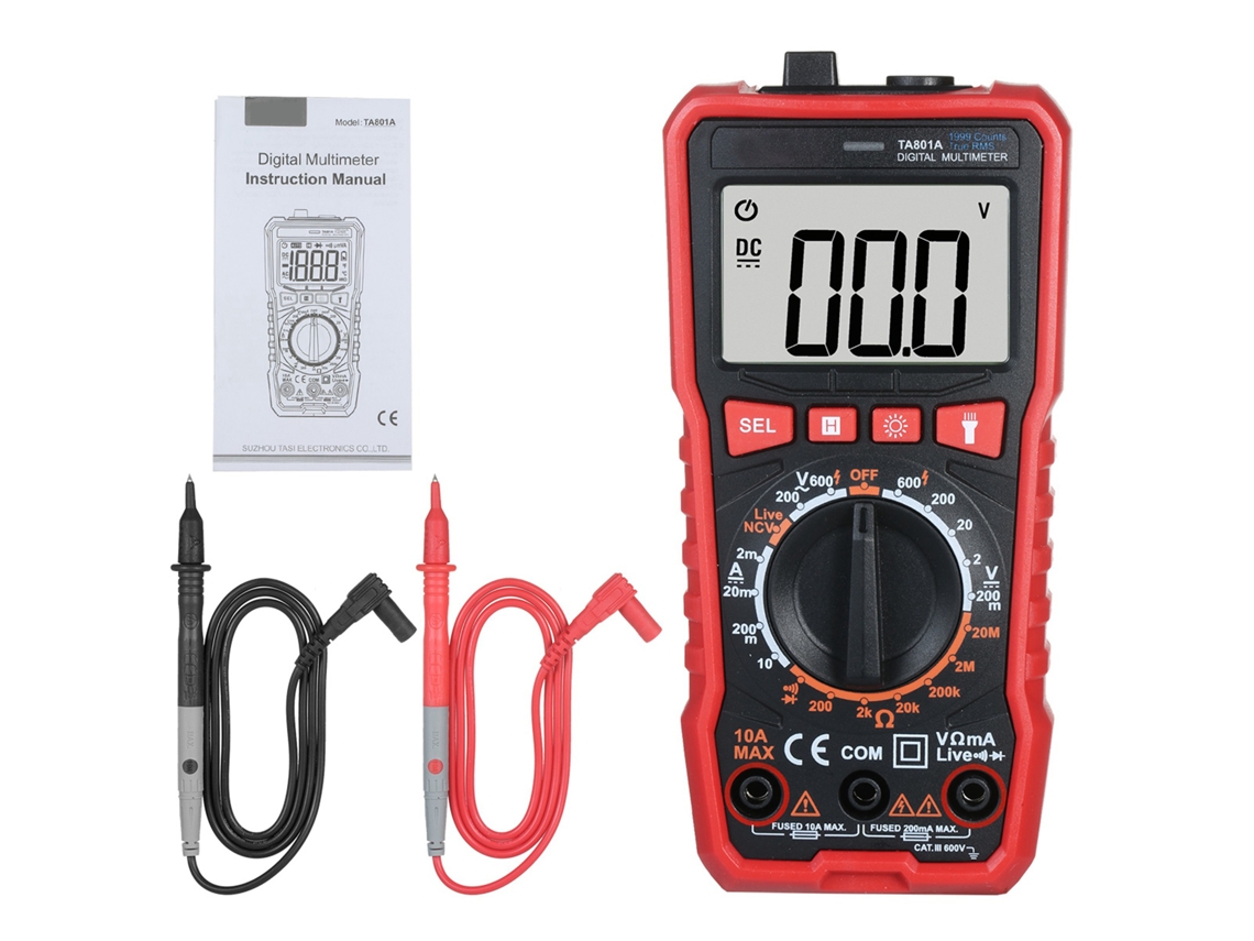 Multímetro Digital Tasi Ta801a True Rms Con Pantalla Lcd Y Linterna Para Medición De Voltaje Y Resistencia Cc/ca.