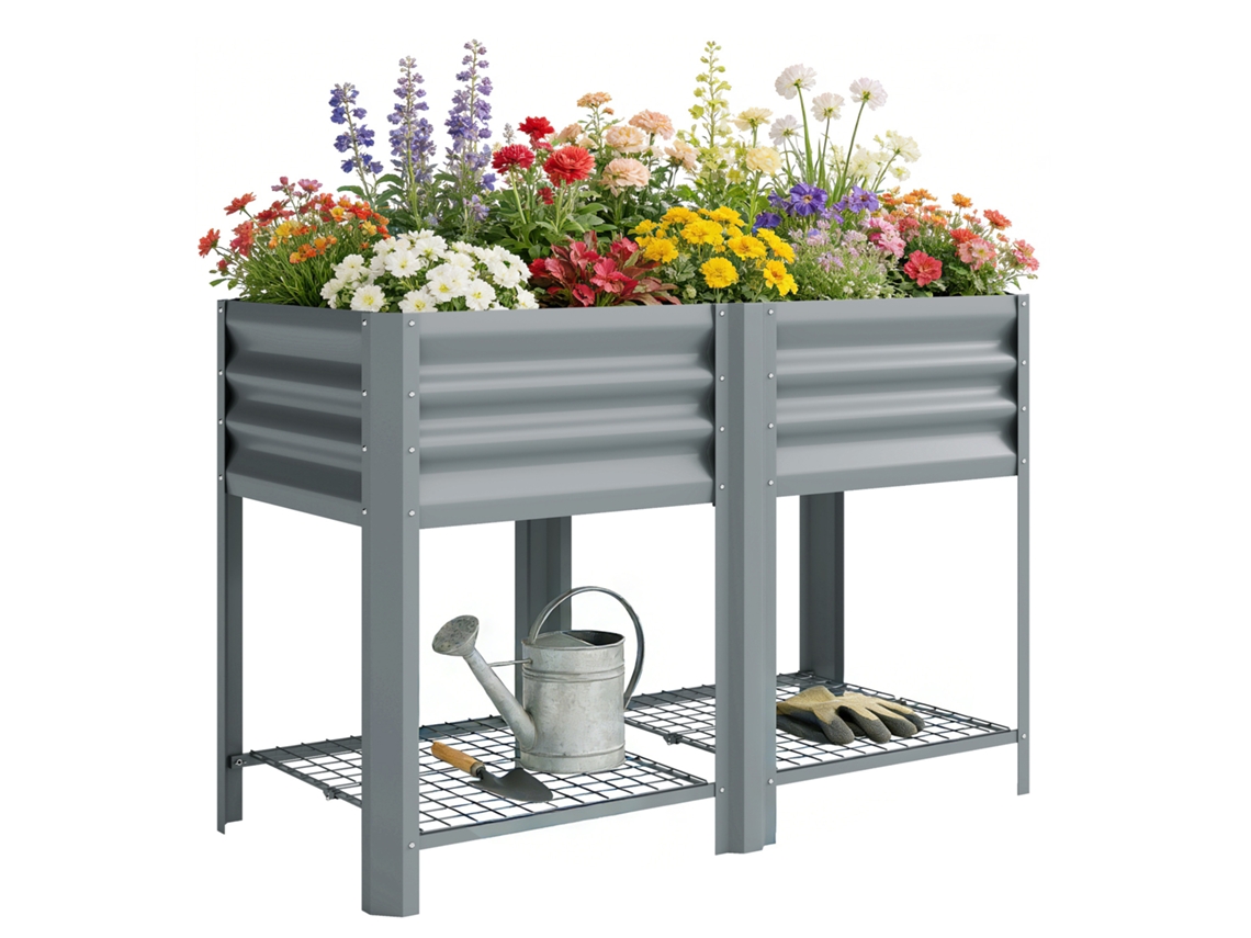 Macetero elevado con estante de almacenamiento, 150 L, acero galvanizado, 80 cm de alto, para jardín o patio exterior.