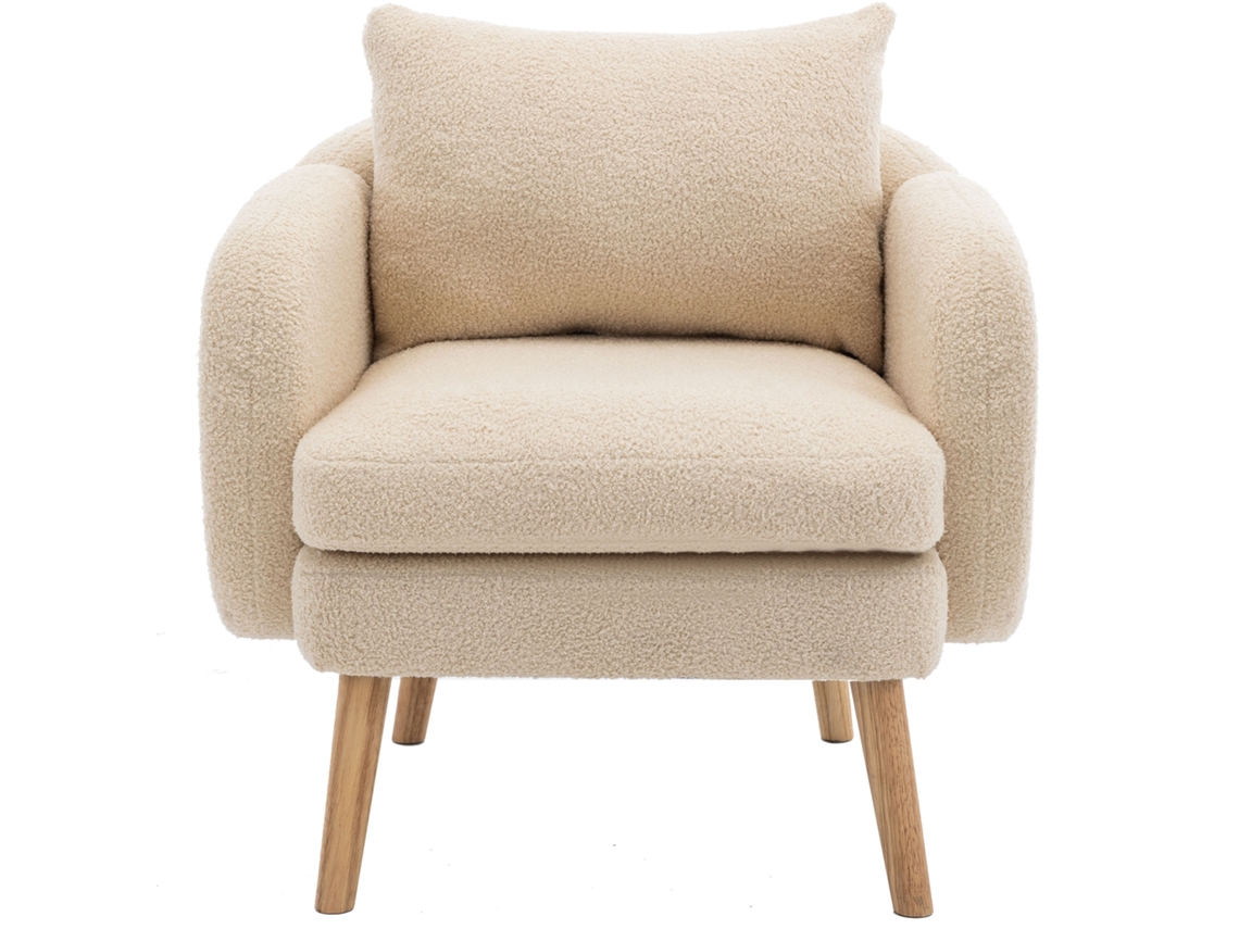 Sillón francés de tela de felpa con cojín grueso y patas de madera maciza beige Mobrio