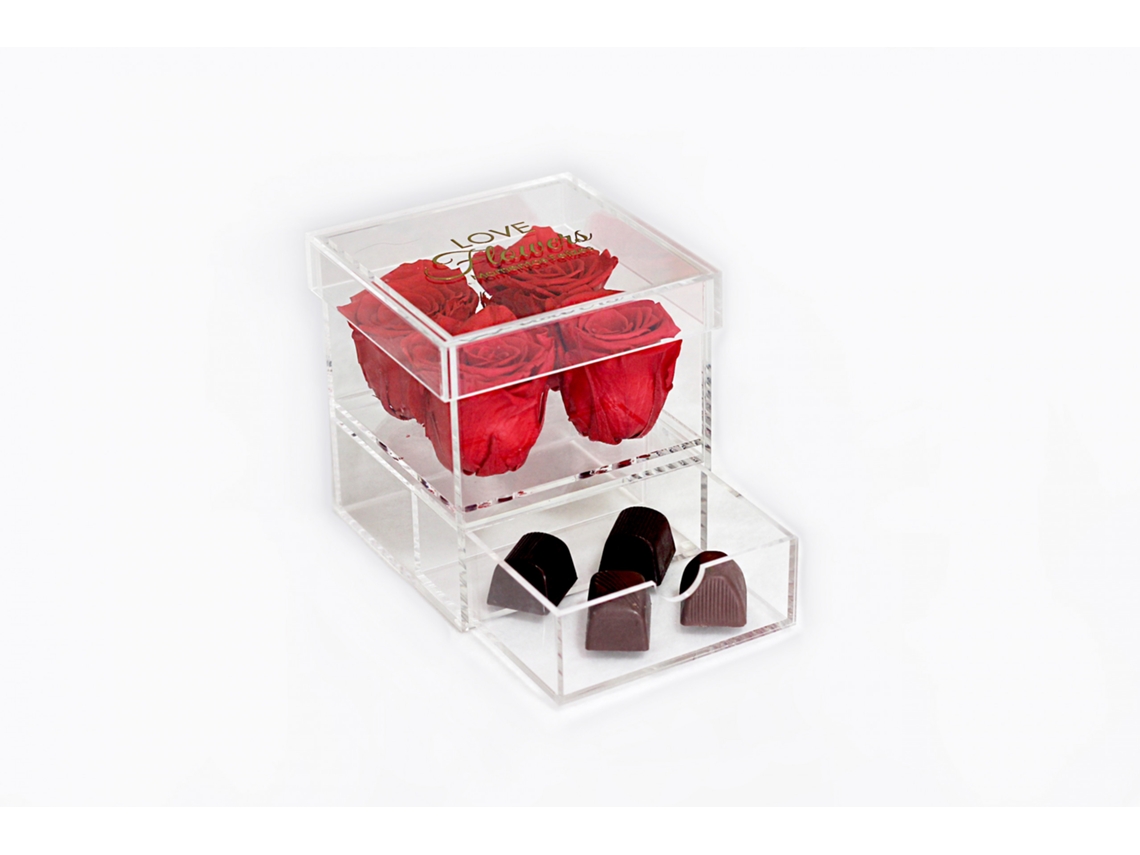 4 Rosas Rojas Naturales Preservadas Flores LOVE con 4 Chocolates - Colección Glassy Rose con Chocolates