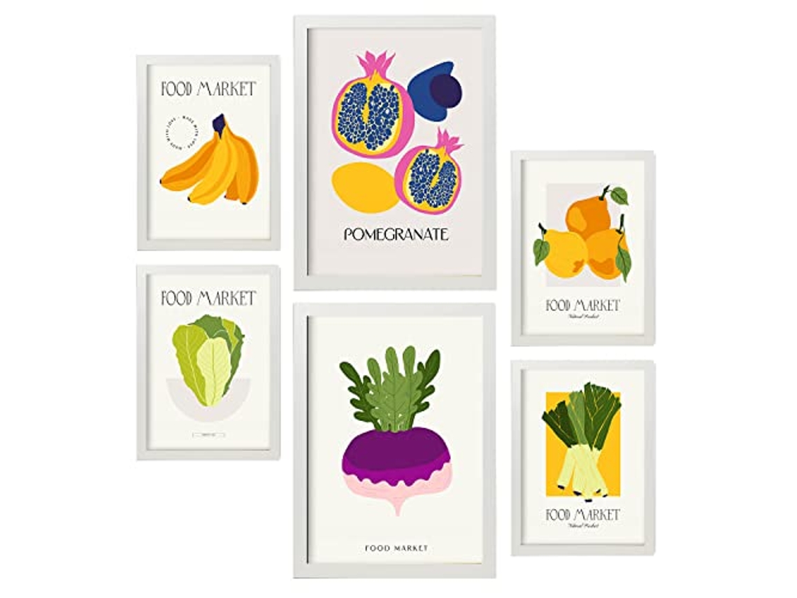 NACNIC Set De 6 Posters De Comida Y Alimentación Frutas Y Vegetales Láminas De Naturaleza Y Botánica Para  Tamaños A3 & A4 Marcos Blancos