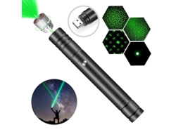 Puntero láser recargable de alta potencia, línea verde con tapa en forma de estrella, enfoque ajustable de largo alcance, color negro.
