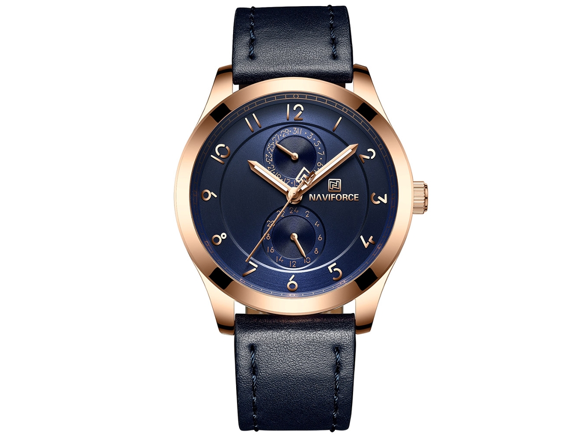 Reloj De Pulsera De Cuarzo Para Hombre Naviforce Con Correa De Pu, Estilo Elegante Para Negocios, Oro Rosa + Azul