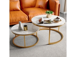 Juego De 2 Mesas De Centro Redondas Apilables, Estructura De Metal Dorado, Tablero Con Efecto Madera, Diseño Moderno Y Elegante Para La Sala De Estar.