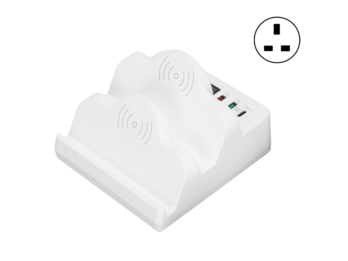 Estación De Carga Con Concentrador Usb De 6 Puertos, 2 Puertos De Carga Inalámbrica, Qc 3.0, Usb-c, Pantalla Lcd Y Enchufe Británico.