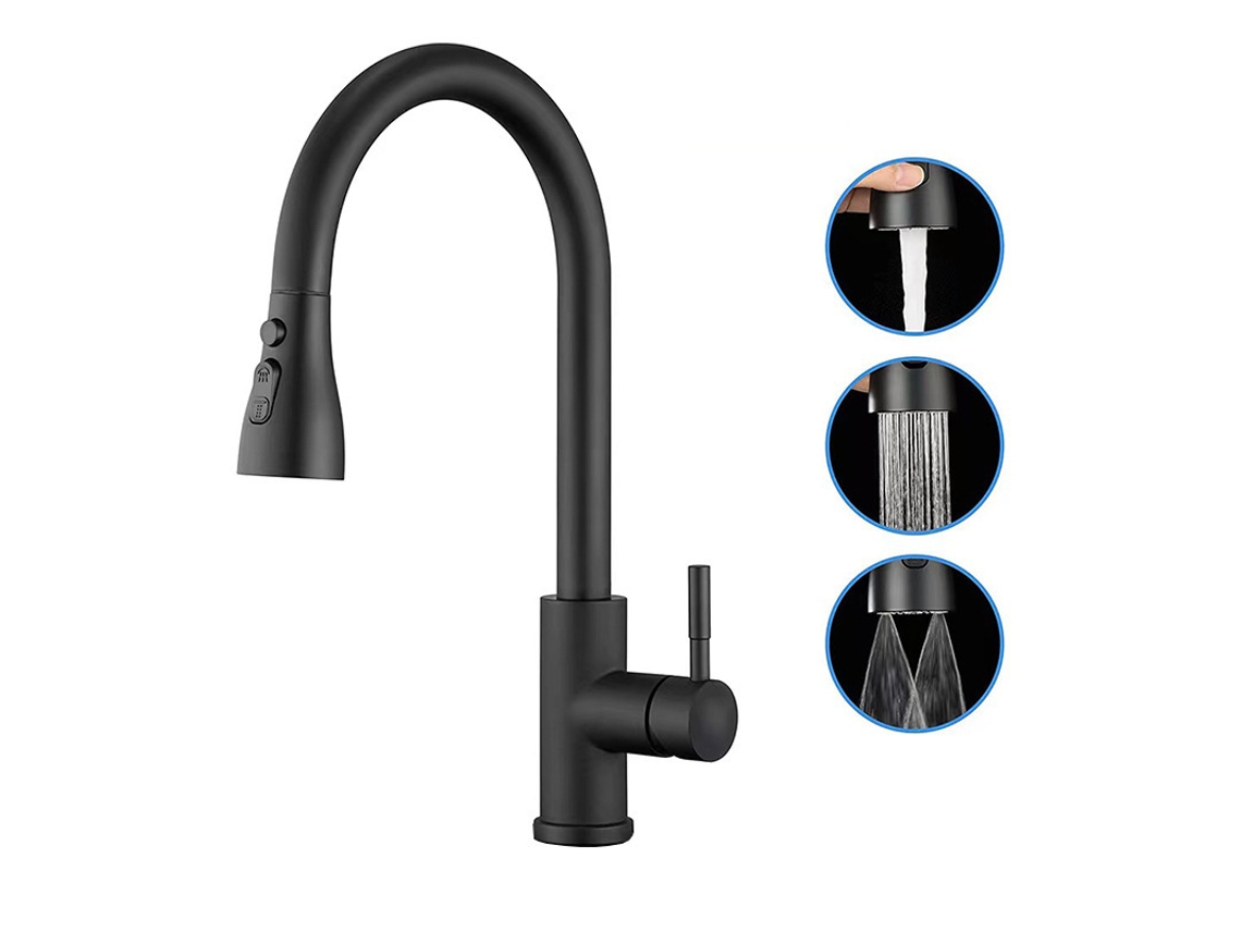 Grifo de cocina Chrui con rociador extraíble, 3 modos de rociado, para 1 o 3 orificios (negro)