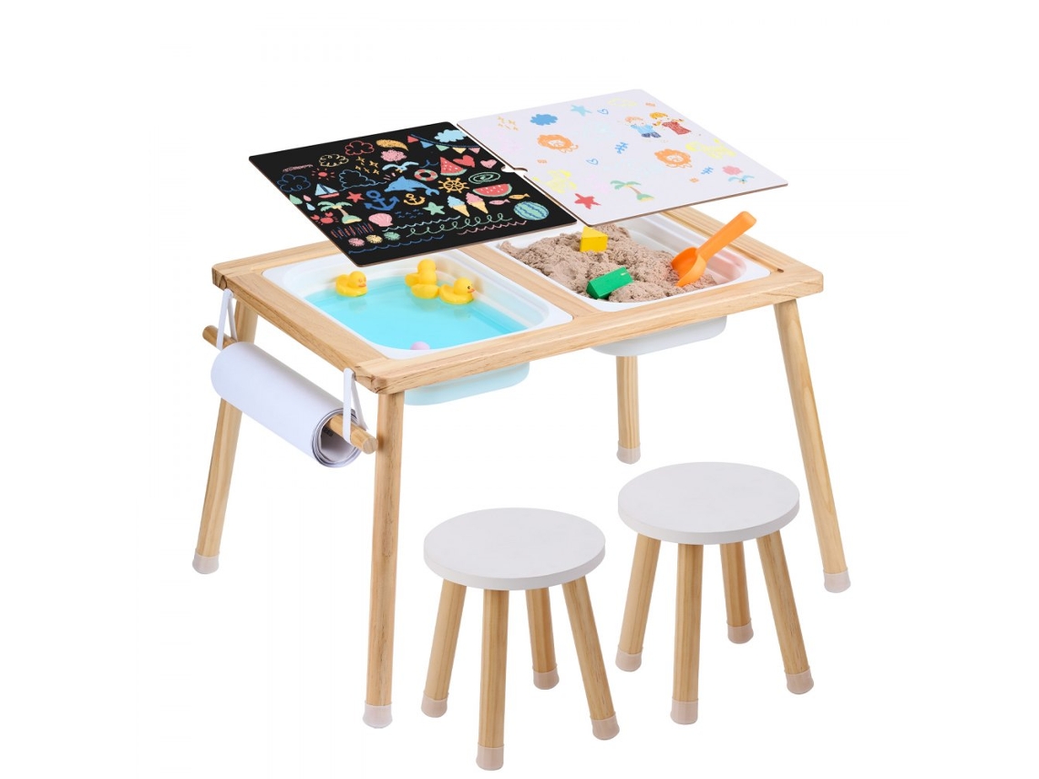Mesa sensorial infantil completa con bancos, cajas, papel y almacenamiento Tekmaquinas