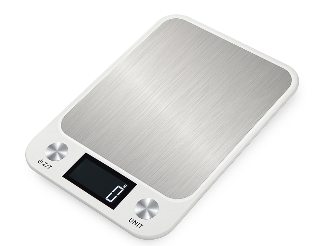 Báscula de cocina electrónica impermeable, 5 kg/1 g, acero inoxidable, recargable, color blanco, para alimentos y panadería. Sfushos