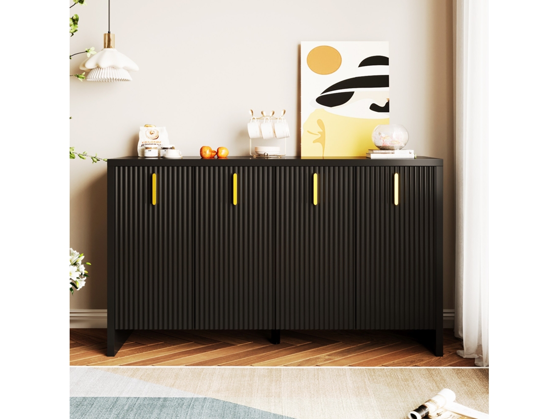 Aparador 140x39x80 cm Diseño Moderno, Con Asas Doradas Y Divisores Ajustables Estilo Negro