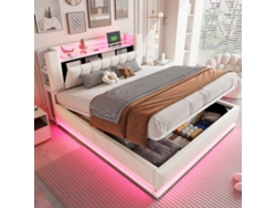 Cama Tapizada 180x200 Cm - Led, Usb, Almacenamiento Hidráulico, Terciopelo, Estructura Metálica - Beige