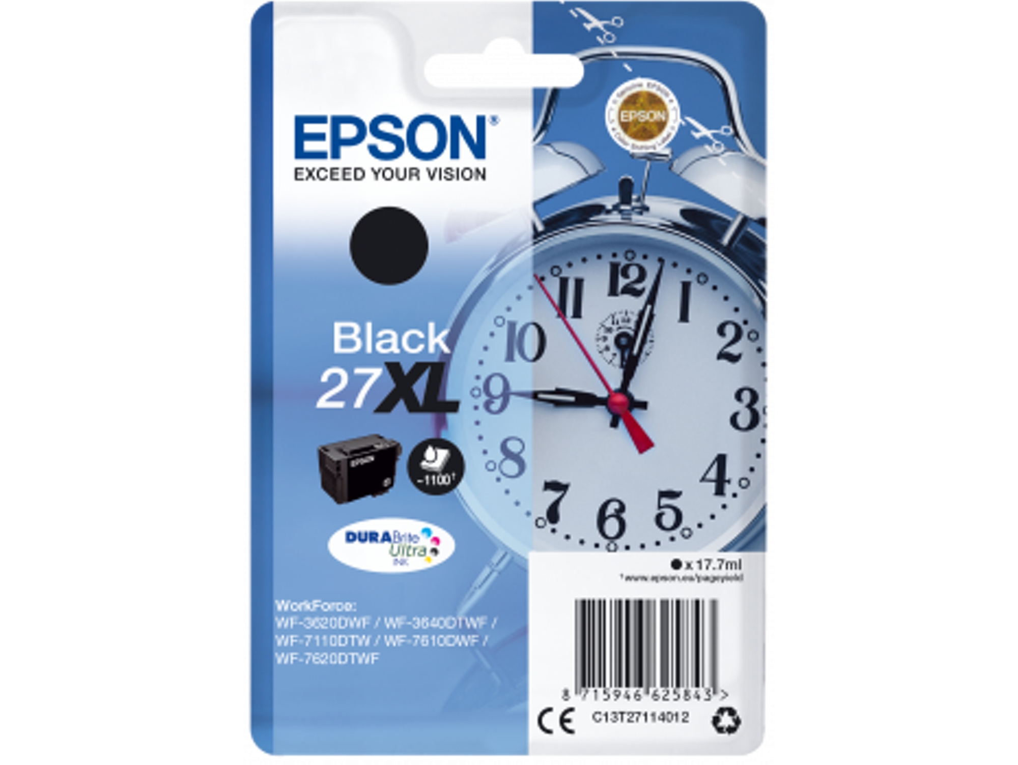 Cartucho de tinta original EPSON 27XL, Despertador 17,7 ml, Negro, XL, C13T27114012, T2711
