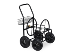 Relaxdays Carro Portamangueras, Hasta 75 M, 4 Neumáticos, Acoplamiento Por Clic, Cesta, Soporte Mangueras Metal, Negro