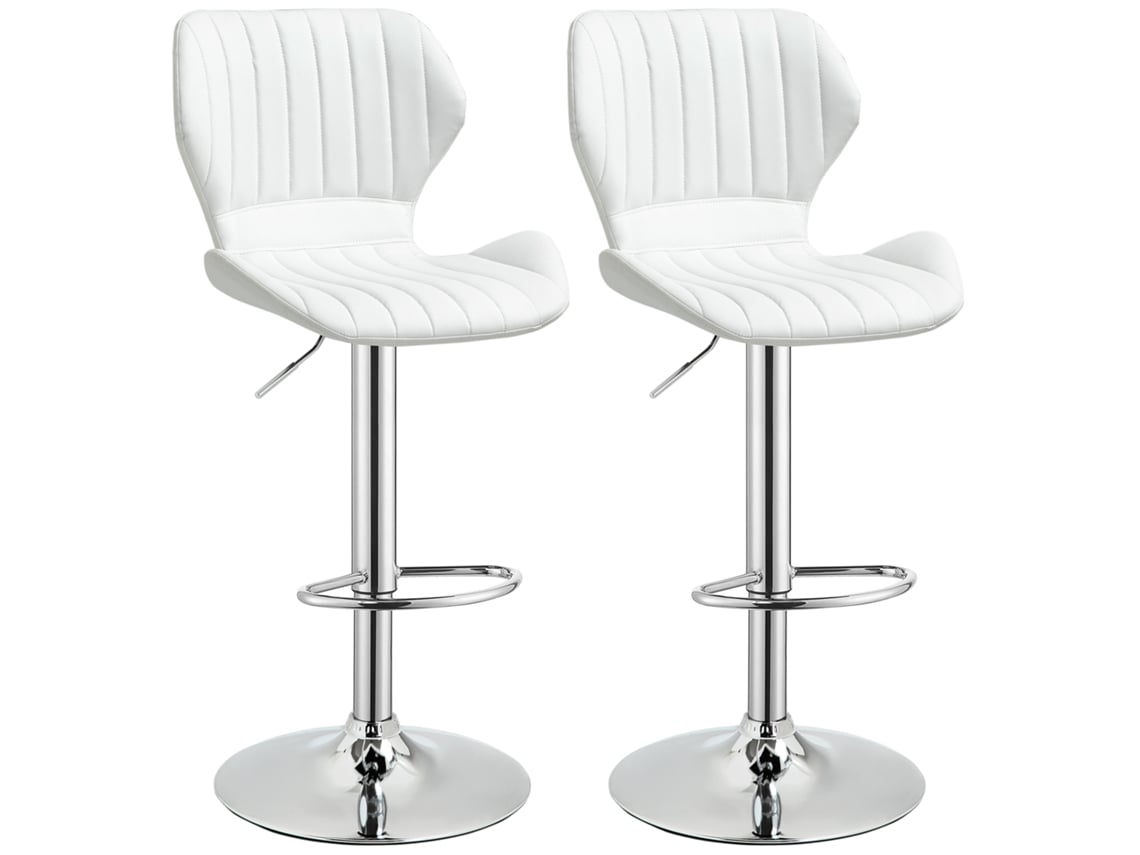2 taburetes altos giratorios con altura ajustable (91,5-113,5 cm), reposapiés, base metálica (Ø41 cm), color blanco.