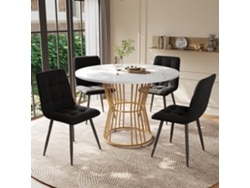 Juego De Mesa De Comedor 5 Piezas, Mesa Redonda 100 Cm Con Patas Doradas, Tablero Mdf Blanco, Sillas De Terciopelo Negro