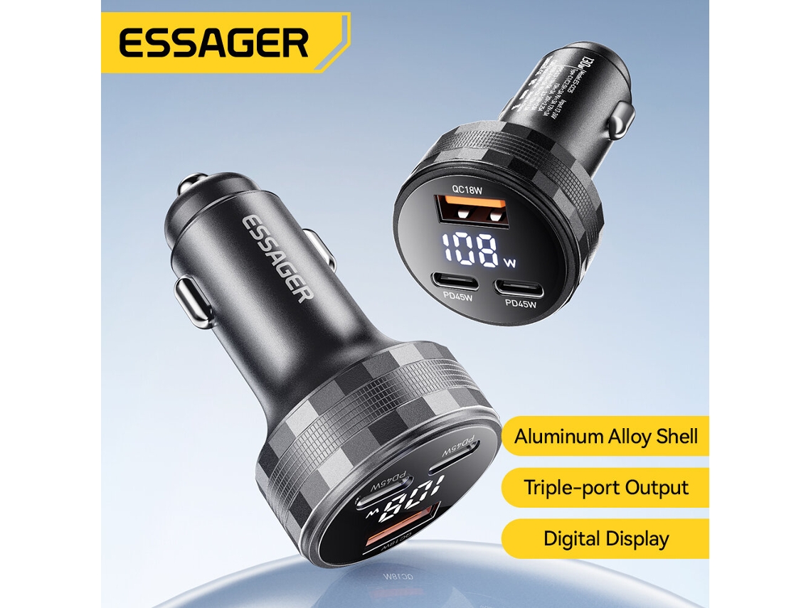 Cargador De Coche Essager Es-cc25 De 108 W Con 3 Puertos Usb Pd, Adaptador Usb-a2usb-c Pd3.0 Qc3.0, Compatible Con Fcp Afc Ip2.4 Con Led Azul