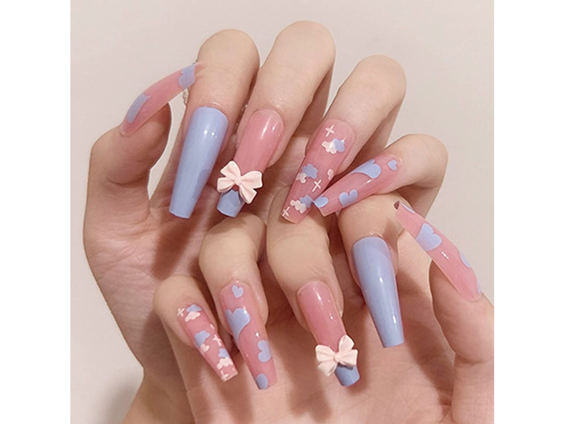 24 uñas postizas decoradas con lazo brillante, modelo bailarina, cobertura total